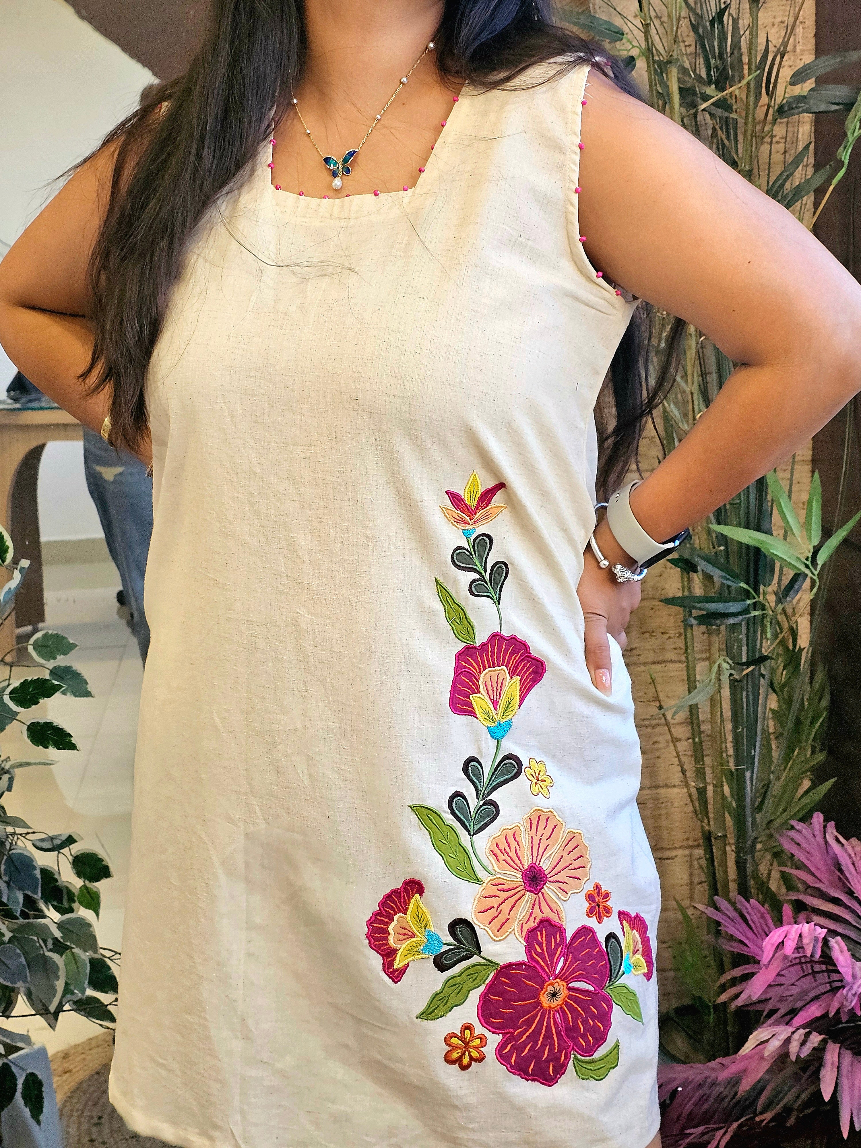 Colourfull hand embroidered khadi dress