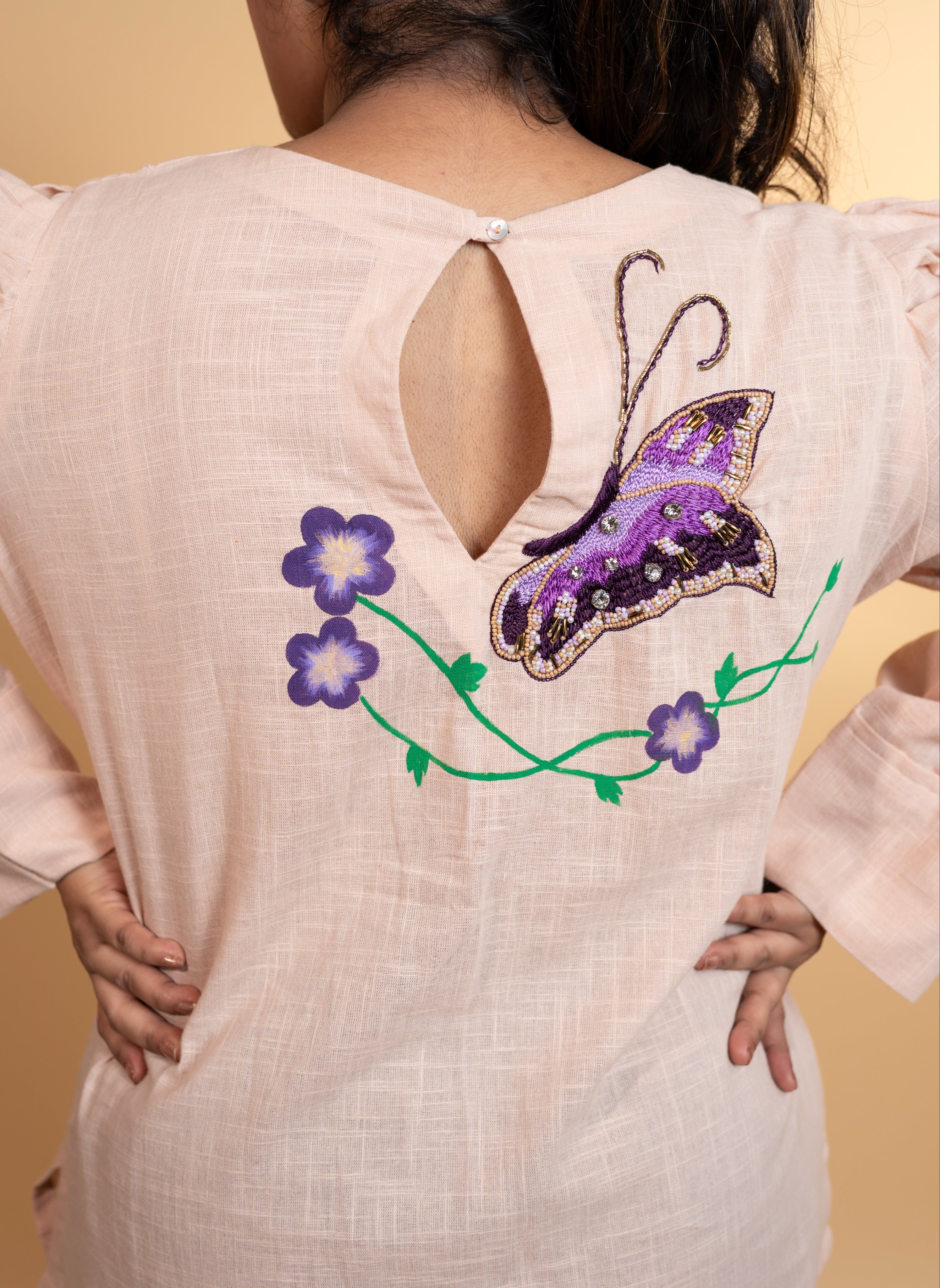 Butterfly Embroidered Peach Shirt