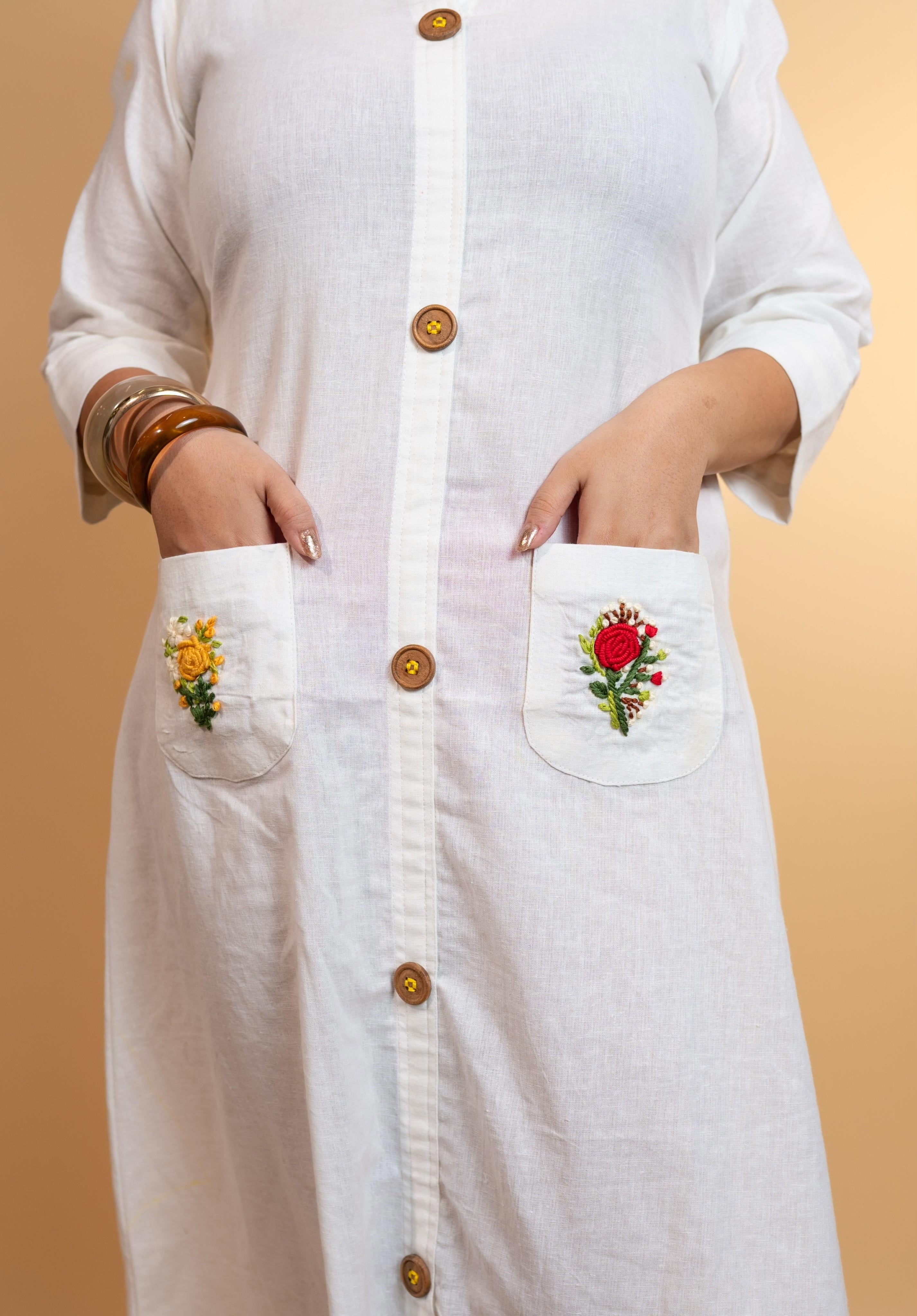 White Floral Pocket Embroidered Cotton Shirt Dress