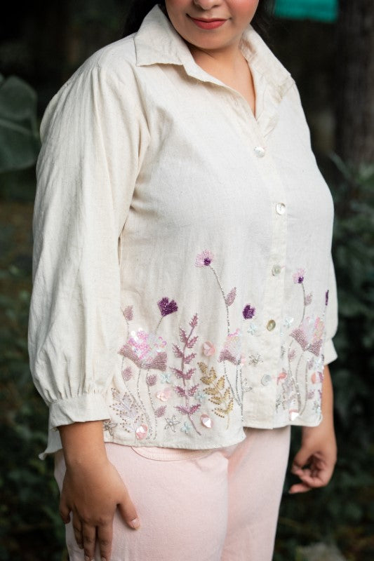 Front flower embellishment shirt