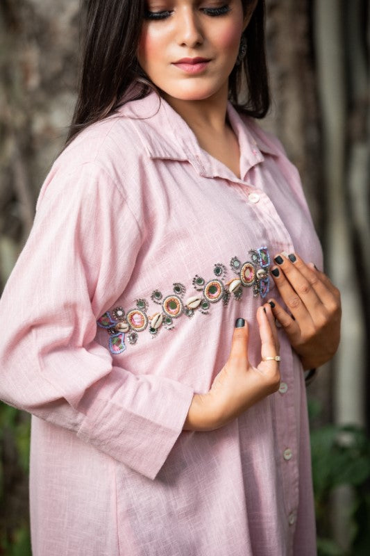 One side embellished shirt with cowrie and mirror