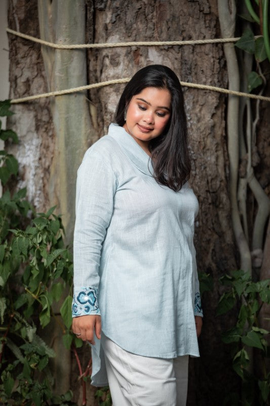 Cuff embellishment sky blue shirt