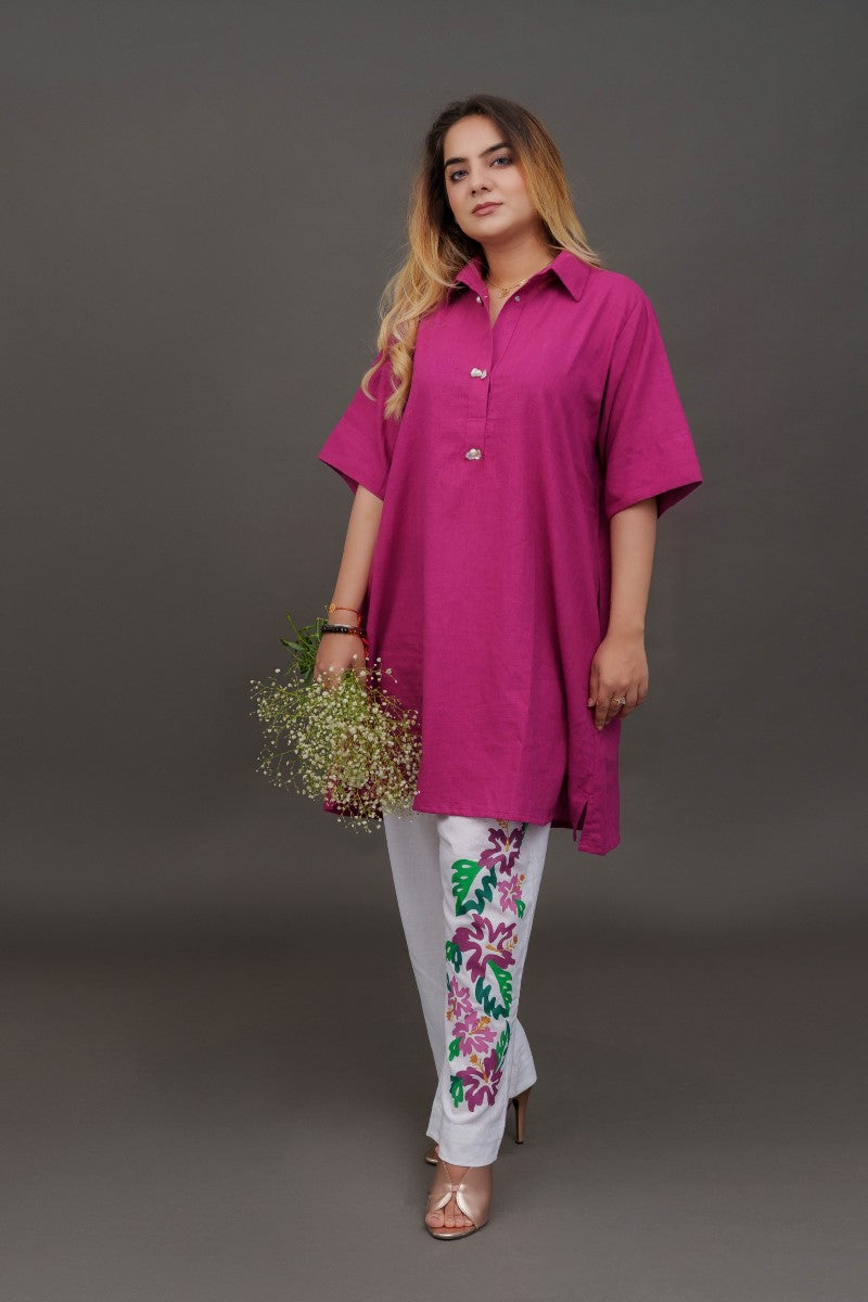 Bloom Co-ords Mulberry colour shirt white pants