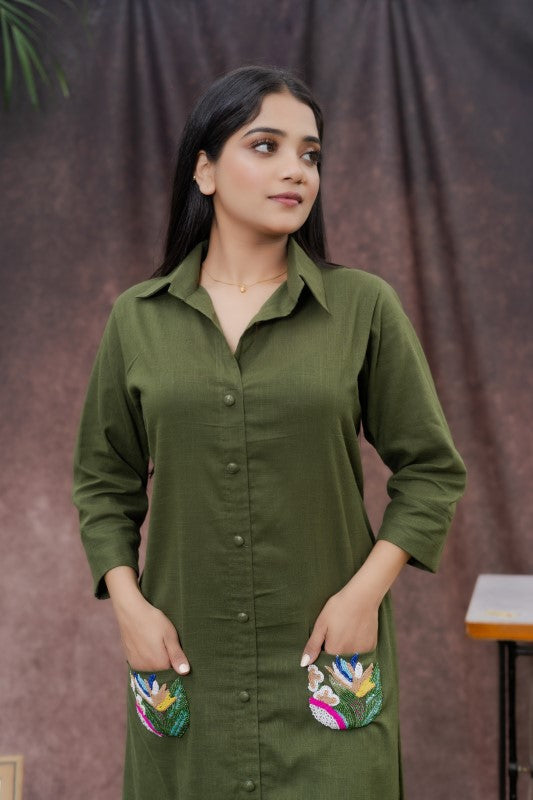 Tulip work embellished pocket long shirt dress