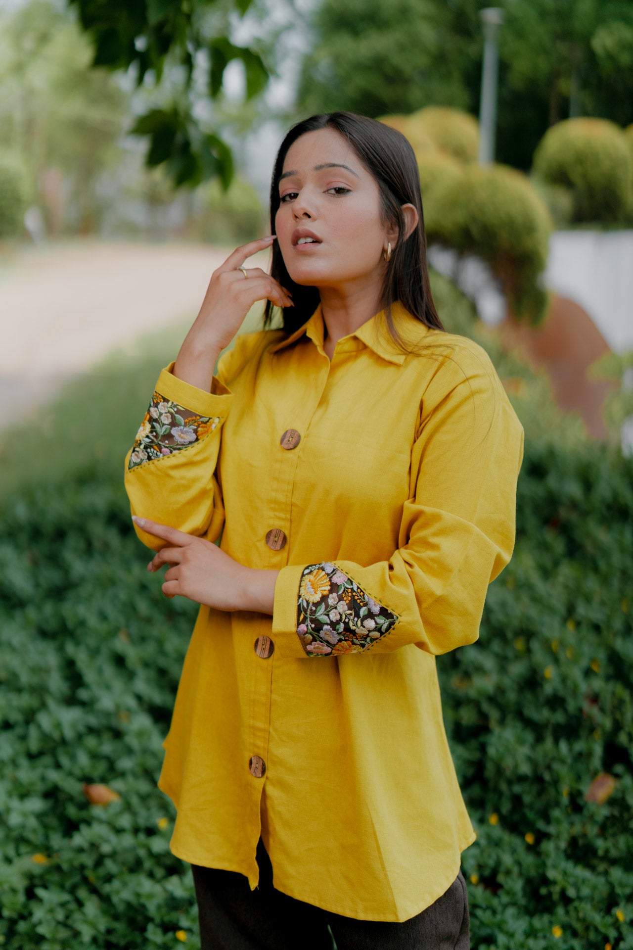 Mustard shirt with floral embroidered sleeves