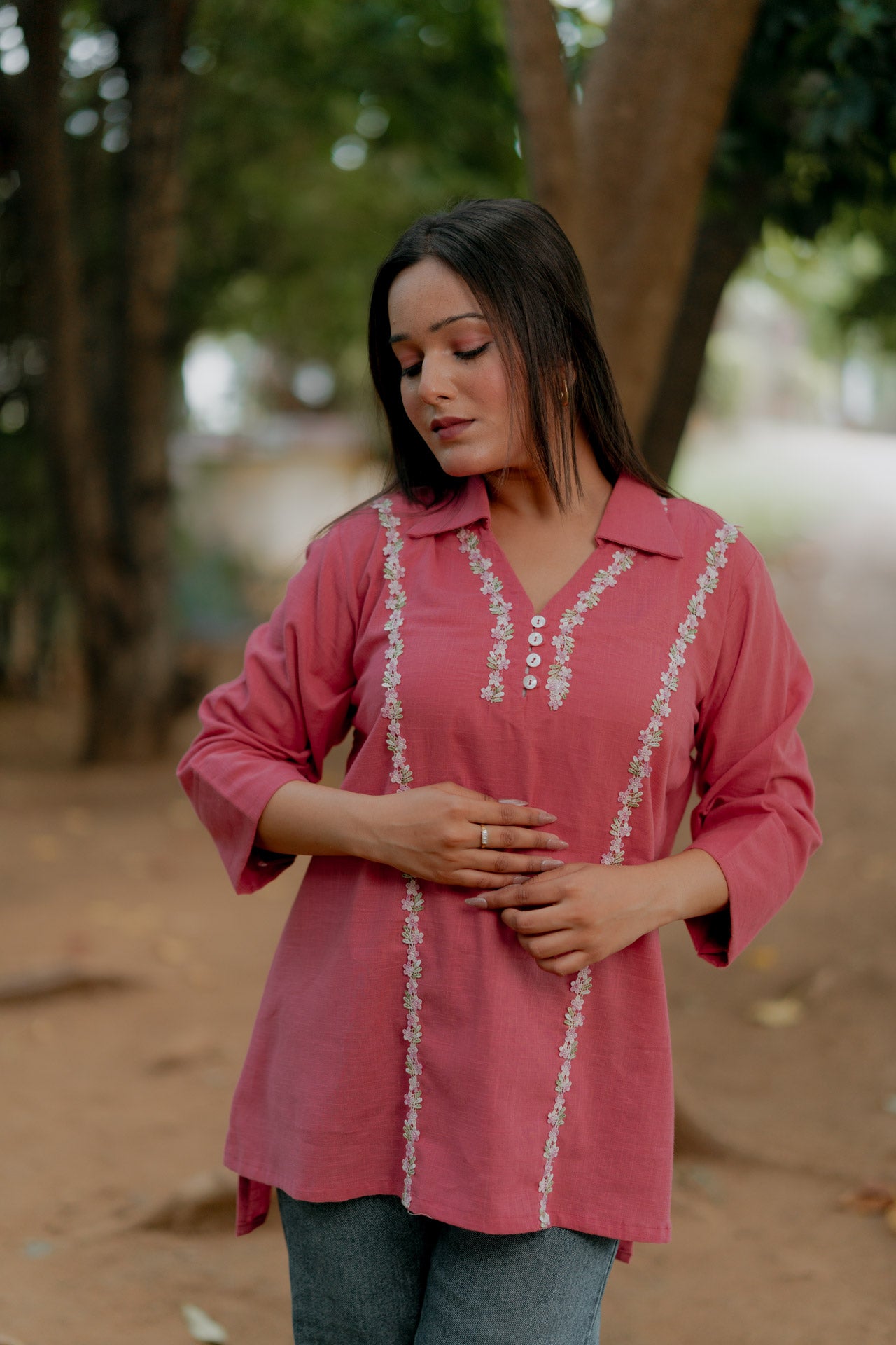 Pink Embellished Linen Shirt