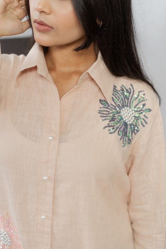 Front flower embellishment shirt