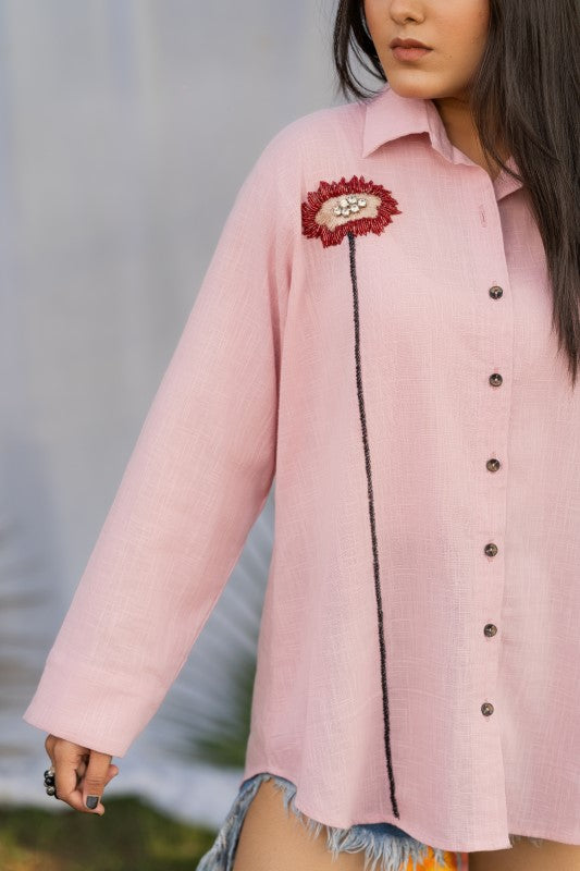 Linen cotton shirt with flower embellished