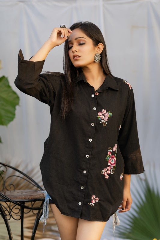 One side flower embellished shirt