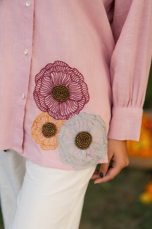 Thread and beads embellished shirts