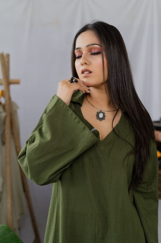 Olive green flower embellished dress/ long shirt