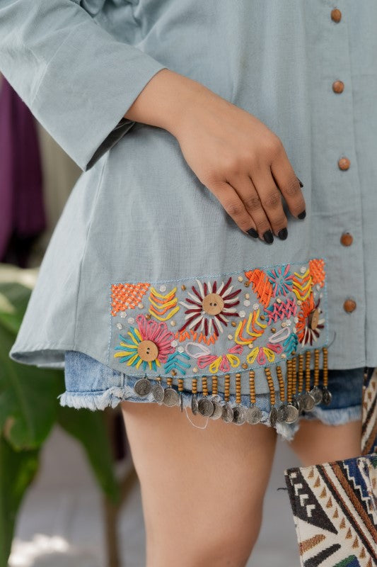 Thread and coin embellishment shirt