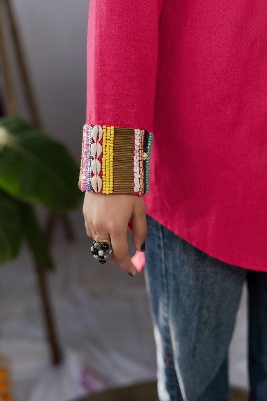 Cuff embellishment hot pink shirt