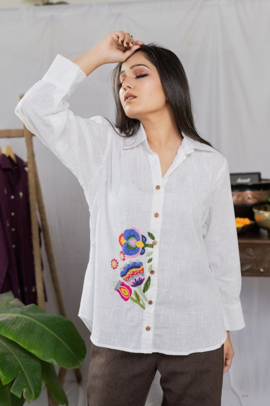 Thread and beads embellished white shirt