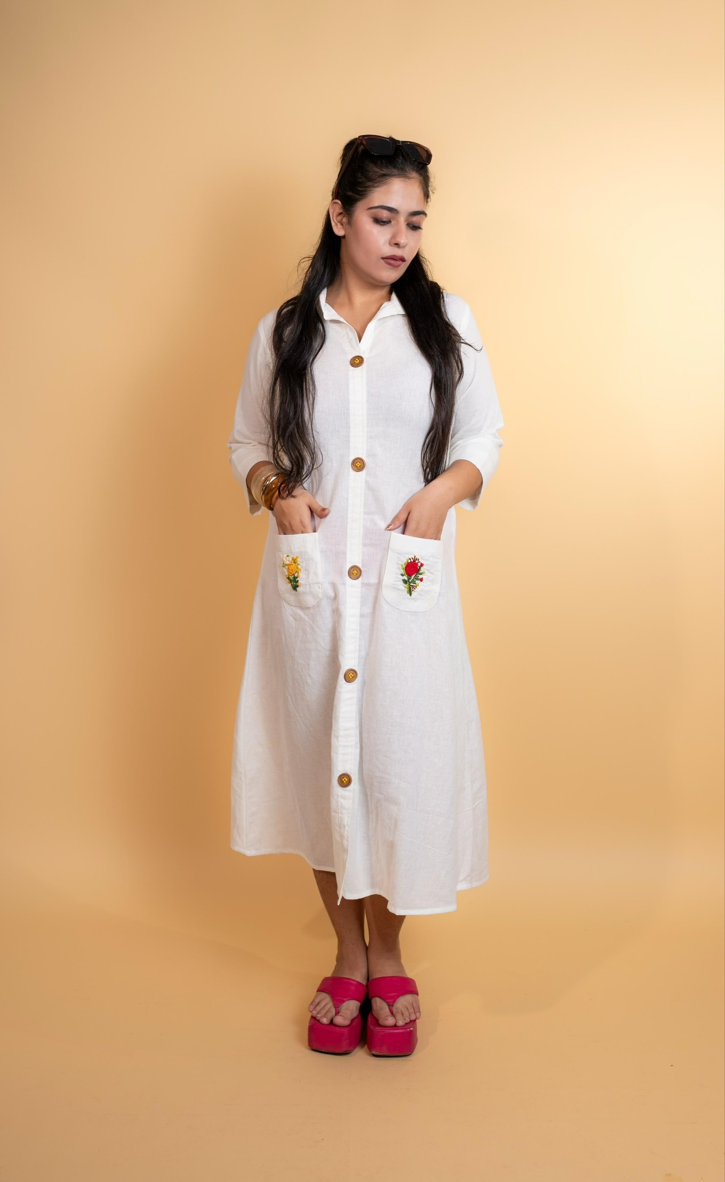 White Floral Pocket Embroidered Cotton Shirt Dress