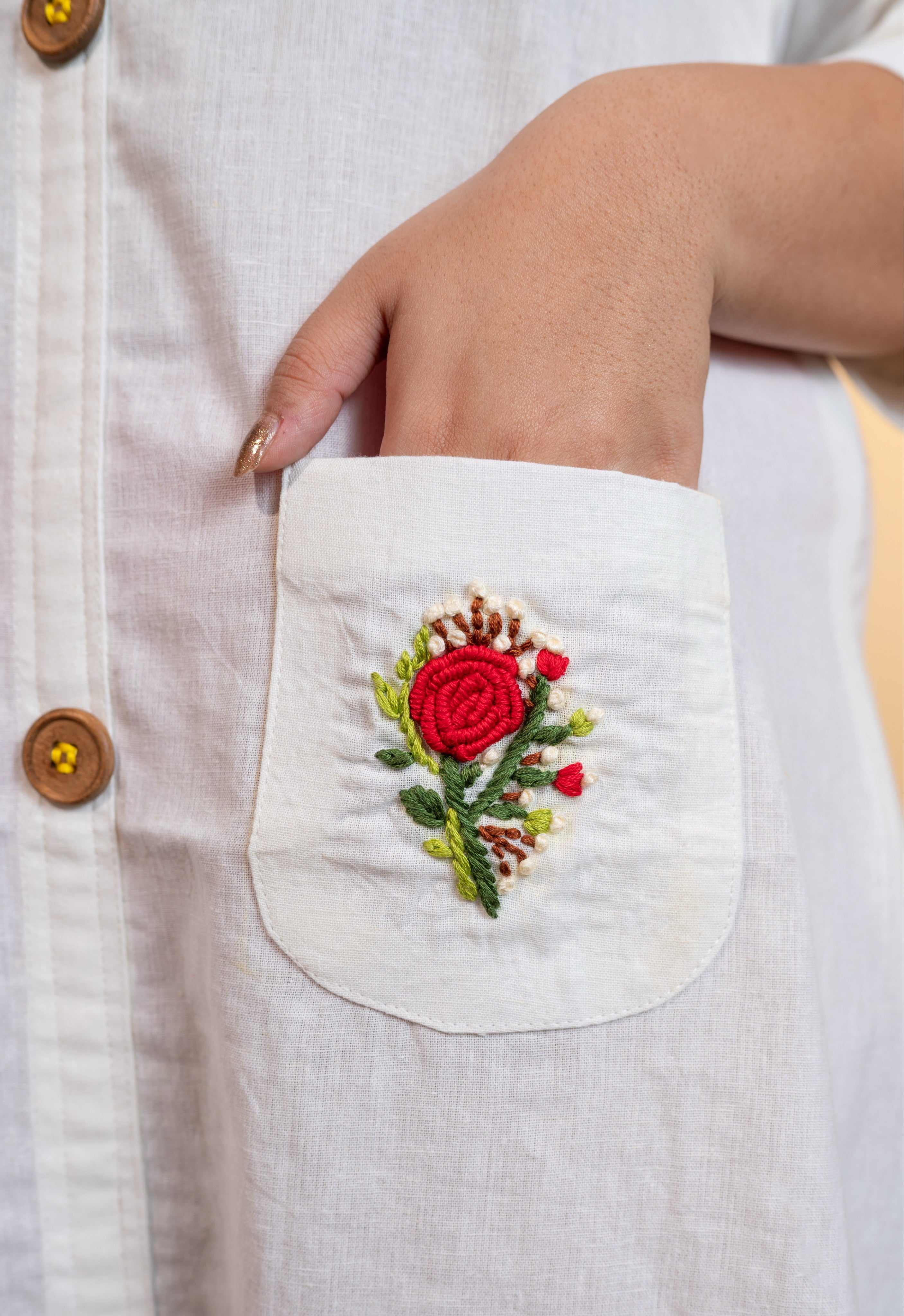 White Floral Pocket Embroidered Cotton Shirt Dress