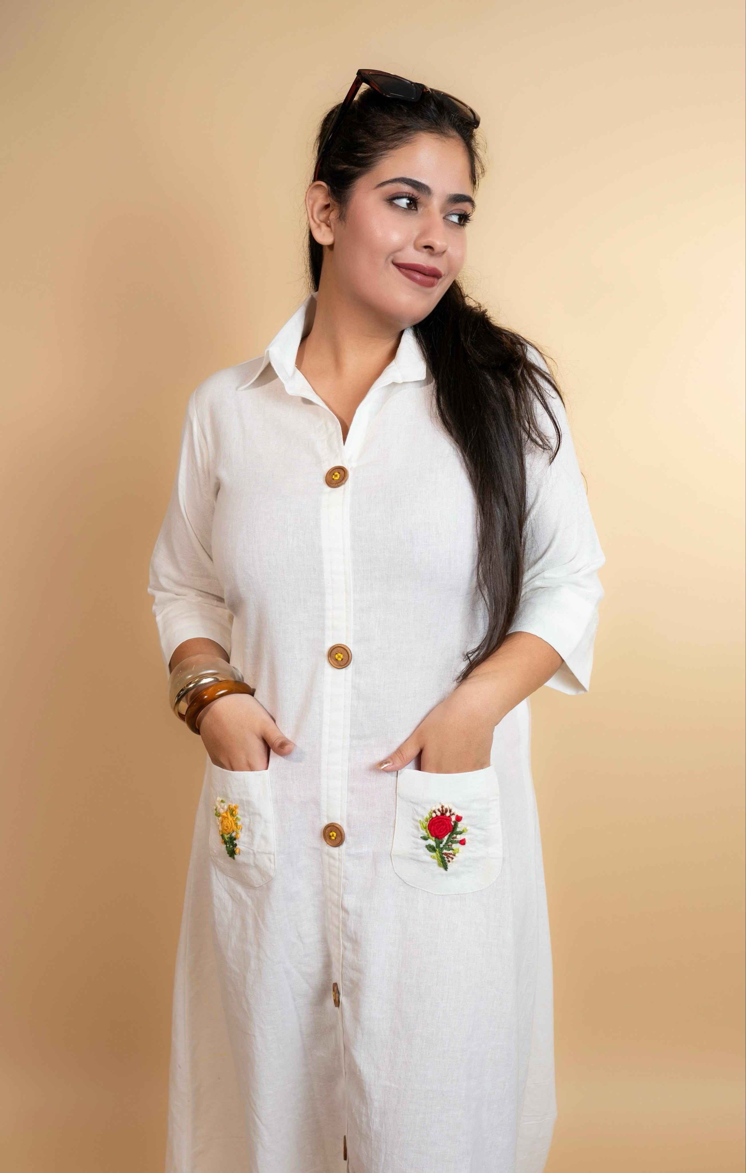 White Floral Pocket Embroidered Cotton Shirt Dress