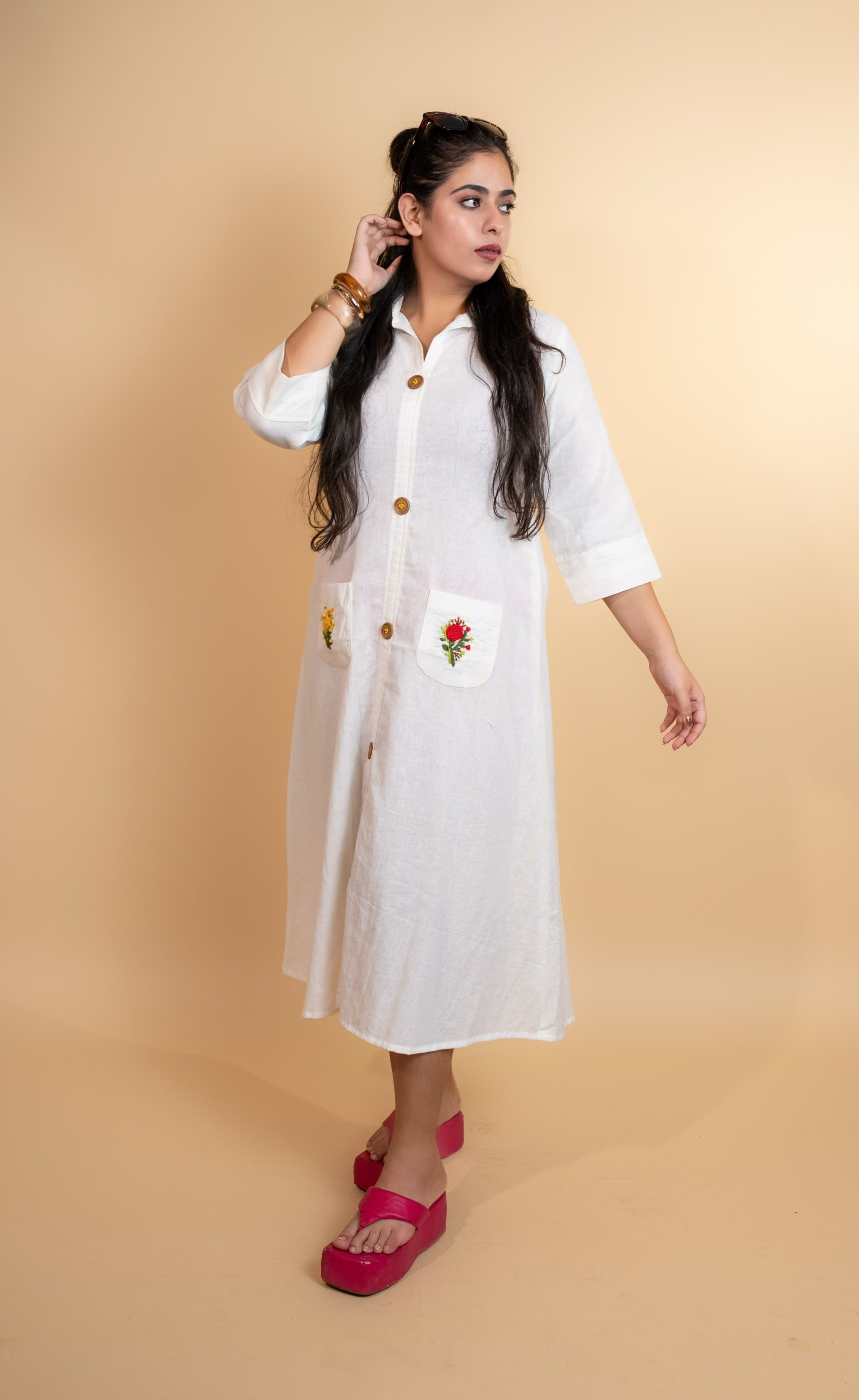 White Floral Pocket Embroidered Cotton Shirt Dress