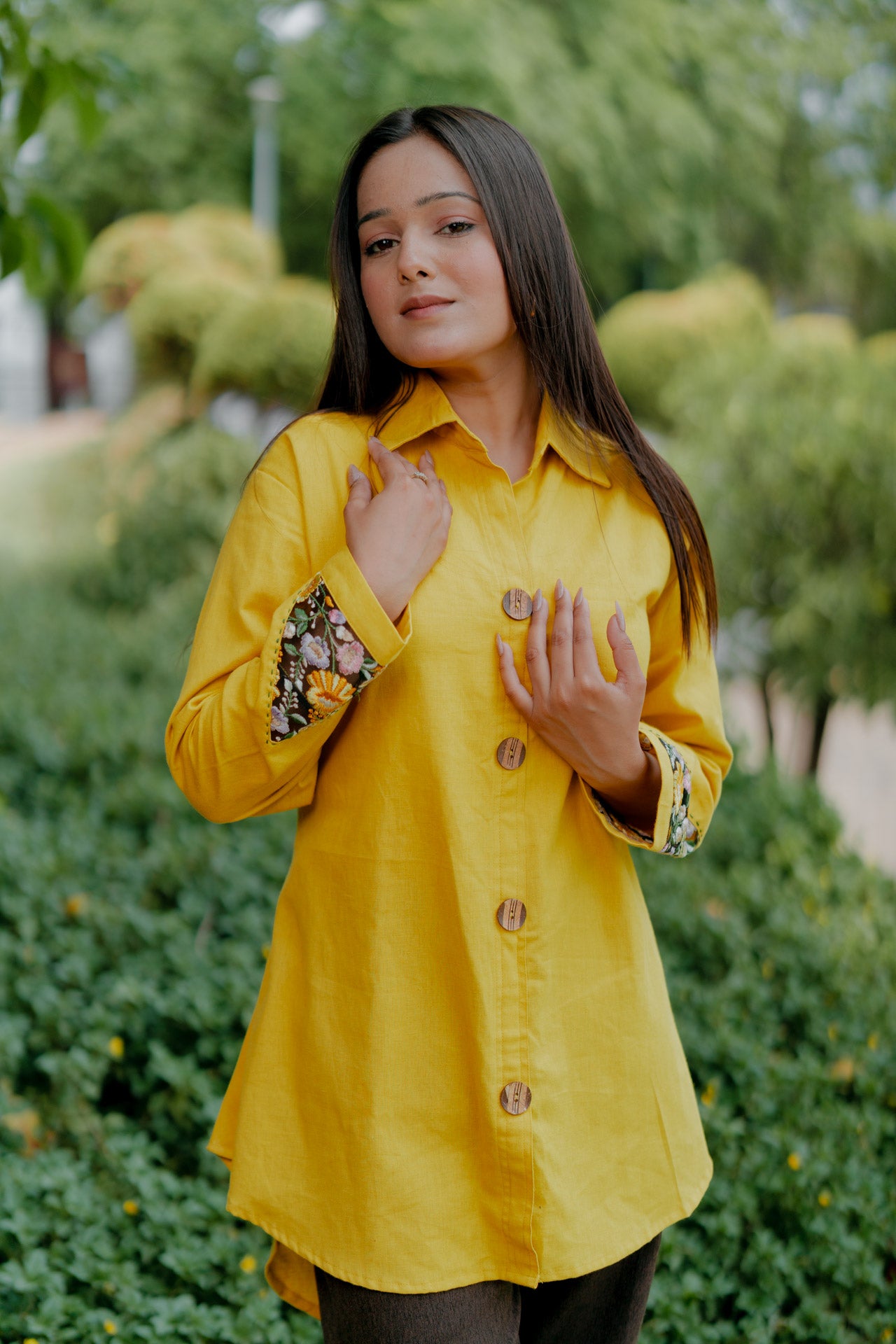 Mustard shirt with floral embroidered sleeves