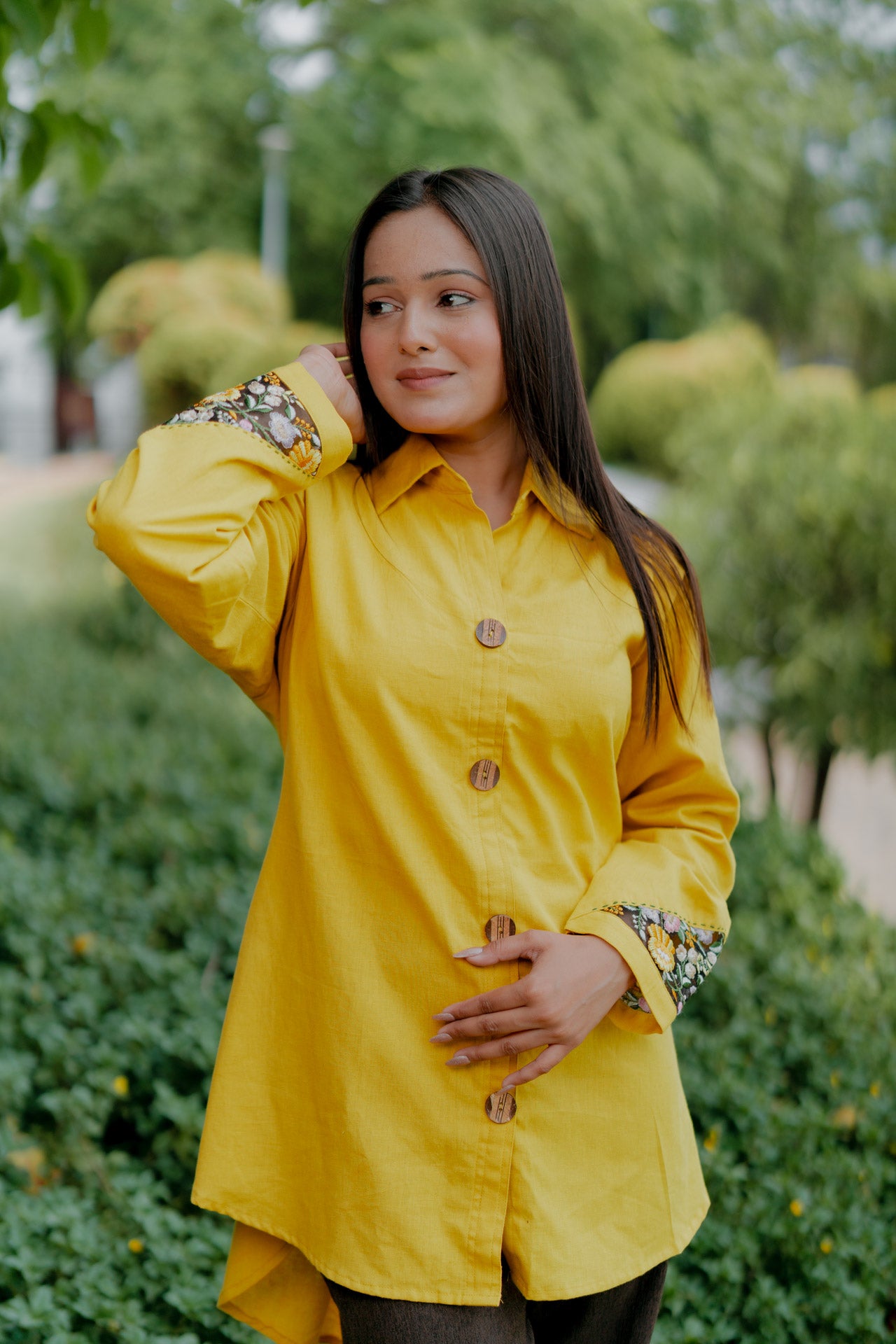 Mustard shirt with floral embroidered sleeves