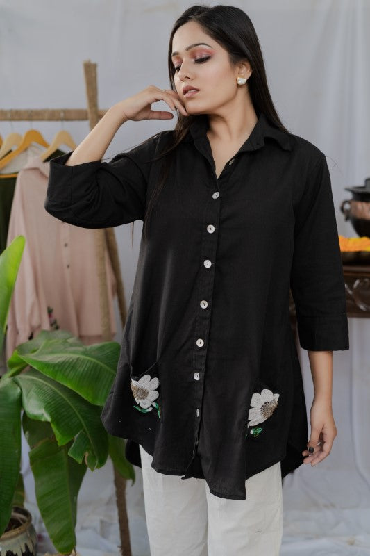 Flower pocket embellished shirt