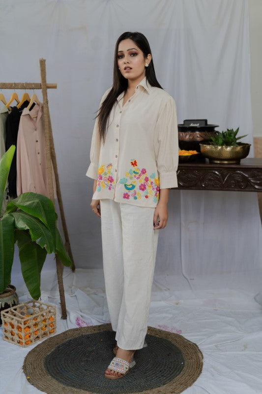 Birds embroidered khadi shirt