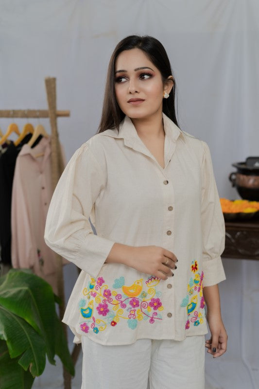 Birds embroidered khadi shirt