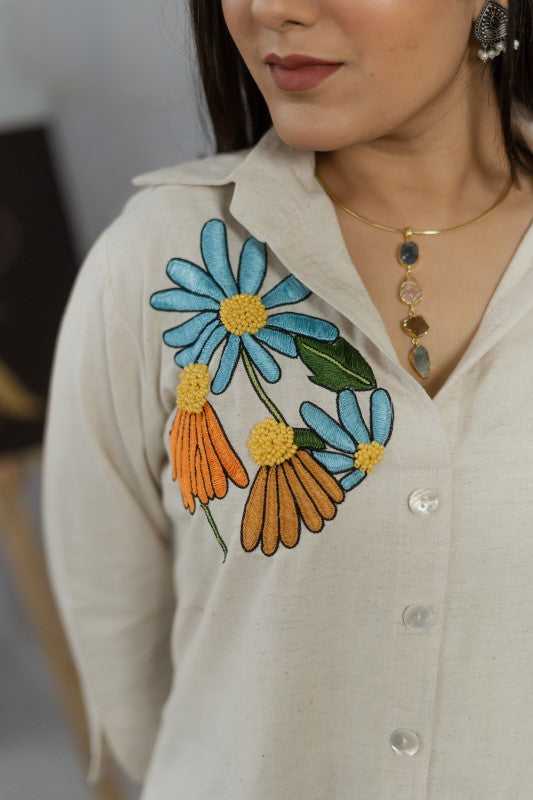 Thread and beads embroidered shirt