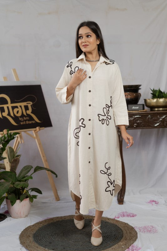 Long khadi flower embellished shirt/ dress