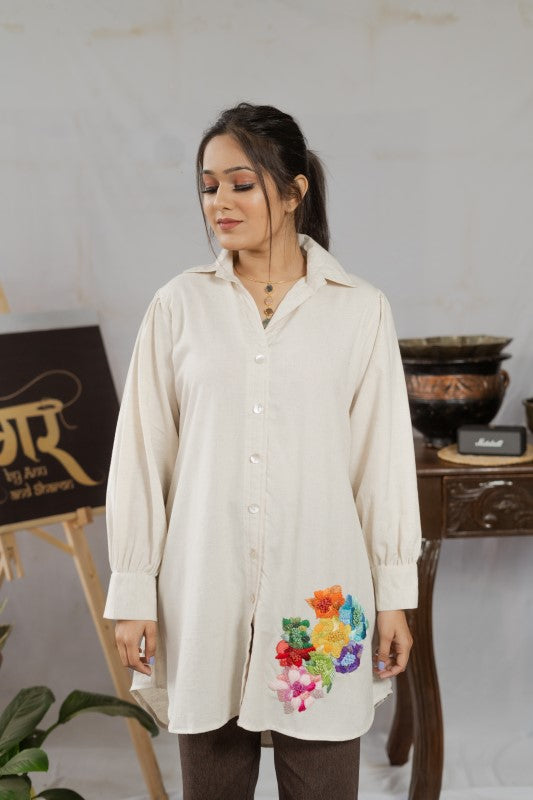 Colourful thread and beads embellished khadi shirt