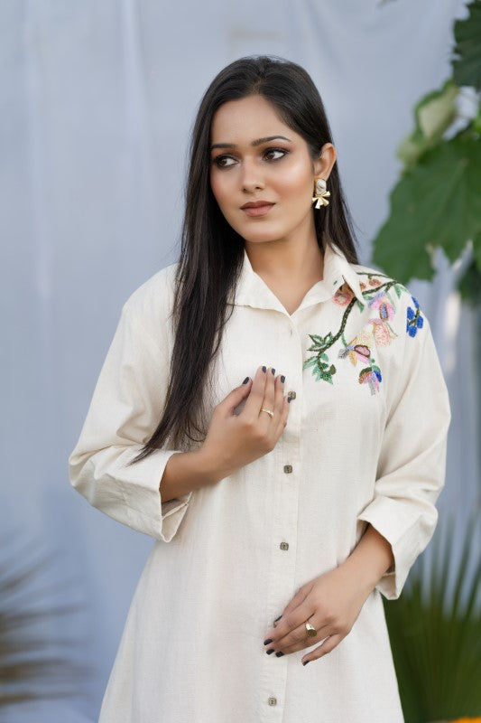 Thread and beads embellished khadi shirt