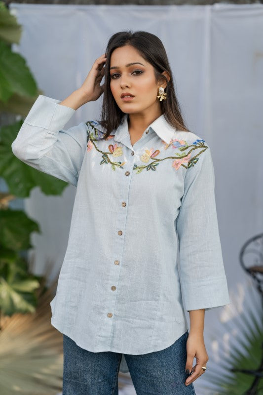 Front flower embellishment shirt