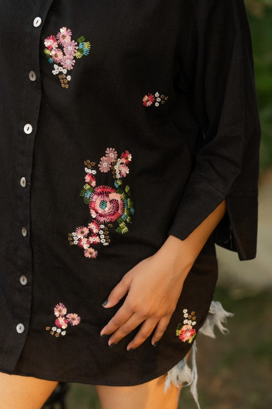 One side flower embellished shirt