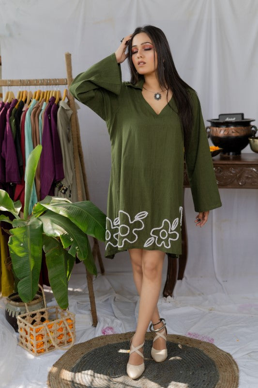 Olive green flower embellished dress/ long shirt