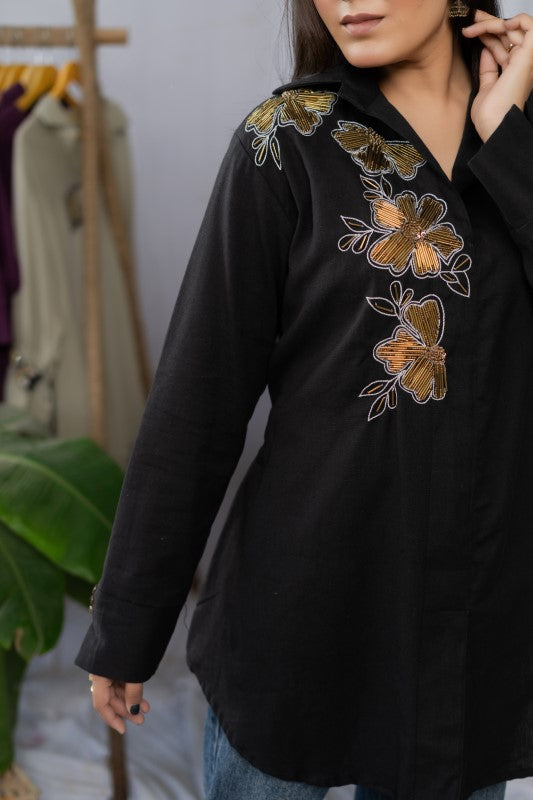 Flower detailing black shirt