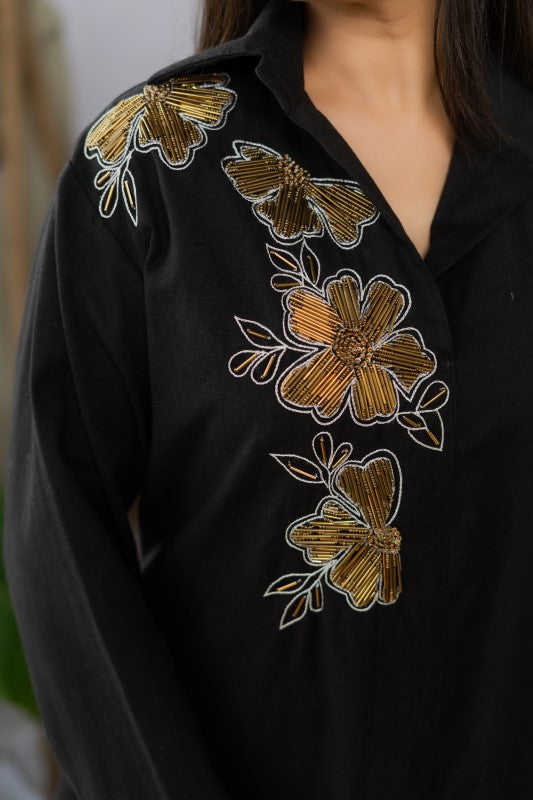 Flower detailing black shirt