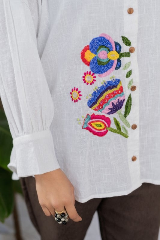 Threads and beads embellished white shirt